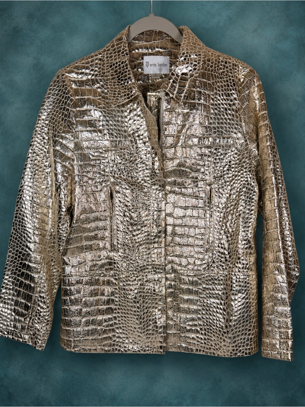 Erin London Metallic Jacket Women’s Medium Croc Embossed Champagne Gold Cotton